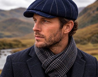 Dark Blue Striped Newsboy Cap , 8 Panel Cap, Handmade Wool Hat, Irish Plaid Cap, Baker Boy Man Hat, Vintage Gatsby Style, Unisex Winter Hat