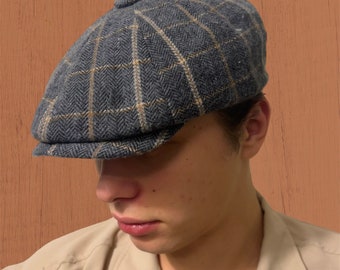 Gorra plana de lana a rayas grises para hombre, gorra vintage de 8 paneles, estilo vendedor de periódicos, hecha a mano, estilo Peaky Blinders, estilo Gatsby irlandés de invierno, años 20
