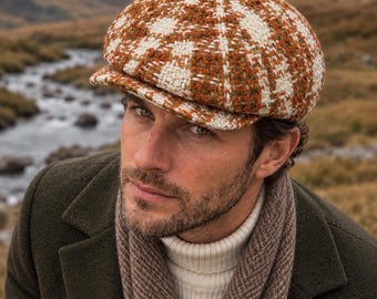 Orange Plaid Wool Newsboy Cap, Burnt Orange Cream Houndstooth Baker Boy Hat, Unisex Flat Cap Men Women, 8 Panel Autumn Gift for Him Her