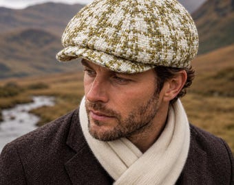 Olive Green Plaid Newsboy Cap, Handmade Wool Hat, 8 Panel Baker Boy Hat, Vintage Gatsby Style, Unisex Winter Hat