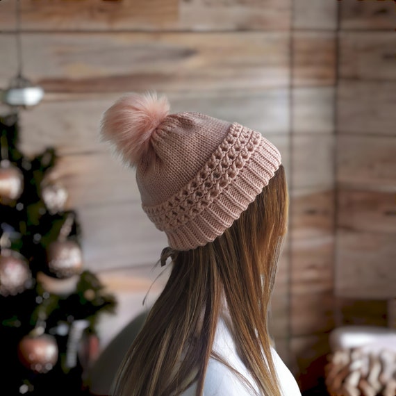 Pink Handknit Hat, Knit Pompom Beanie for Winter, Multicolor