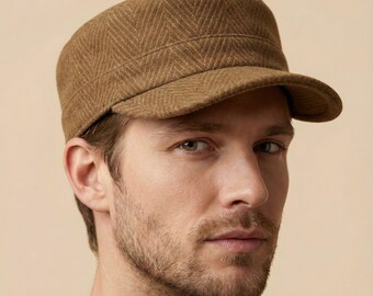 Camel Herringbone Cadet Cap – Unisex Wool Blend Military Cap, Adjustable Army Style Hat, Vintage Streetwear Gift