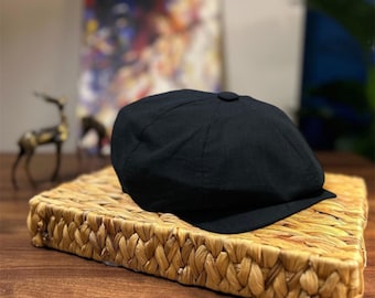 Black Summer Newsboy Cap for Women and Men – Lightweight 8 Panel Flat Cap, Handmade Vintage Linen Hat,Gift for Her or Him,Peaky Blinders Hat