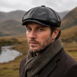 Puede incluir: Una gorra de estilo newsboy de cuero negro con una construcción de ocho paneles, un botón central en la parte superior y una visera rígida. La gorra tiene un acabado liso y mate con una forma redondeada y estructurada sobre la cabeza.