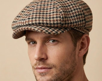 Orange & svart hundtandsmönstrad ull-tidningsboykeps – 8 paneler Gatsbyhatt, vintage Baker Boy-kepsar, Peaky Blinders-hatt, handgjord ullhatt