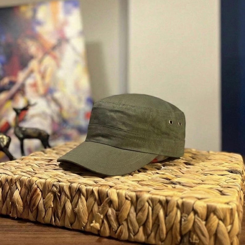 Linen Green Castro Cap, Unisex Military Style Hat, Handmade Summer Hat ...