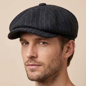 Black Striped Newsboy Cap, Peaky Blinders Hat, Handmade Wool Hat, Baker Boy Man Hat, Irish Flat Cap, Vintage Gatsby Hat, Dad Gift Hat