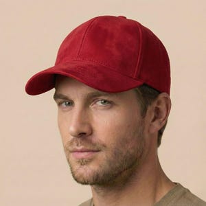 Red Suede Baseball Cap for Men and Women – Handmade Adjustable Snapback Hat, Soft Matte Dad Cap, Trucker Hat, Streetwear Gift