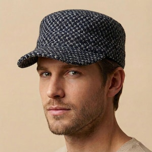 Blaue Militärmütze, Herringbone Kadettenmütze, Army Style Hut, Woll Wintermütze, Kurze Bill Mütze, Verstellbare Sonnenhut, Unisex Mode Kopfbedeckung