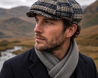 Blue Beige Plaid Wool Newsboy Cap,  8 Panel Cap, Baker Boy Man Hat, Vintage Gatsby Hat, Hooligan Beret, Unisex Winter Men Hat