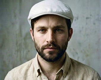 Handmade White Linen Flat Cap, Summer Newsboy Hat, Peaky Blinders Style