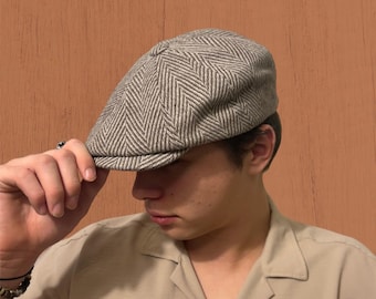 Boina masculina de lã espinha de peixe marrom e branca, modelo Baker Boy de 8 painéis, estilo Gatsby, ideal para dirigir no inverno.