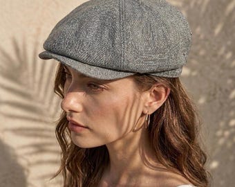 Gray Linen Newsboy Cap, Handmade 8 Panels Cap, Baker Boy Hat