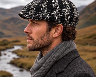 Black Cream Textured Check Wool Newsboy Cap, Handmade 8 Panel Cap, Baker Boy Hat, Winter Wool Hat, Vintage Gatsby Style, Unisex Winter Hat