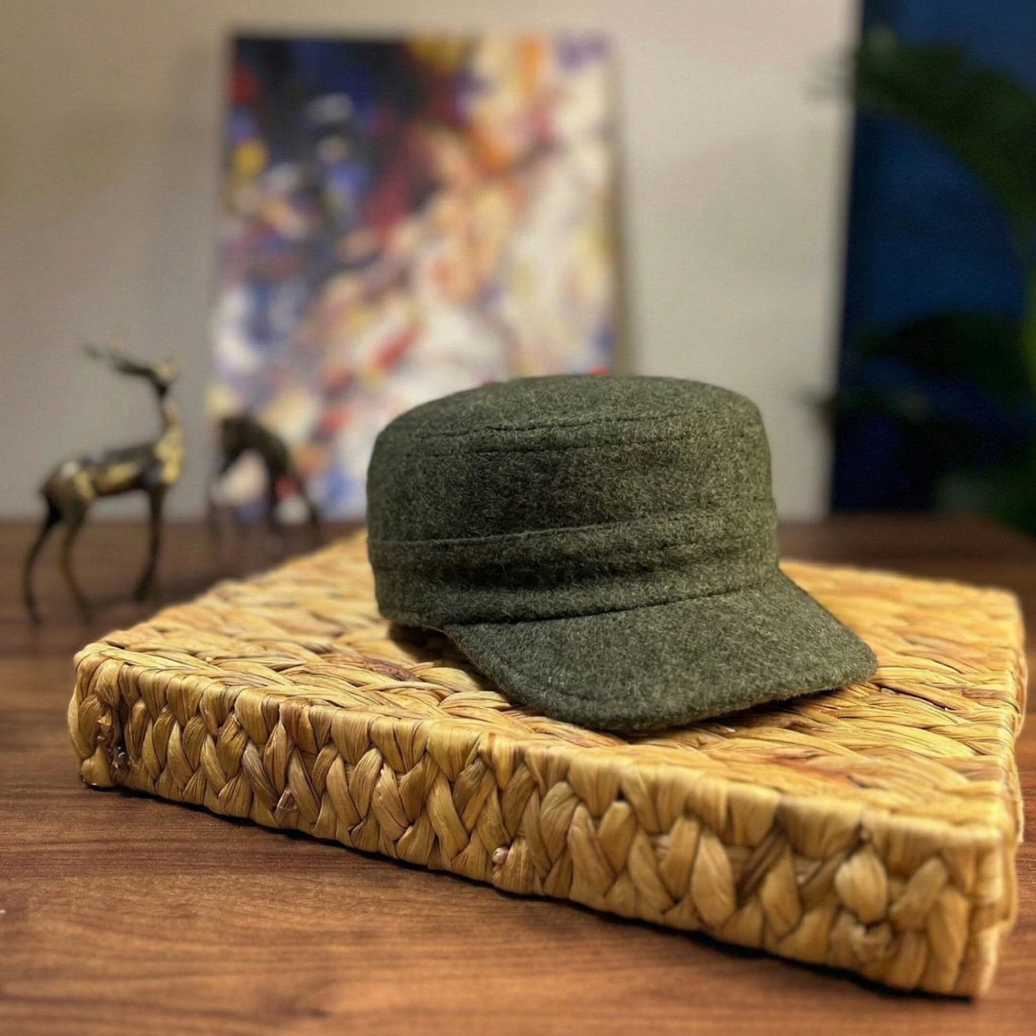 Green Winter Cadet Cap, Wool Army Style Hat, Unisex Military 