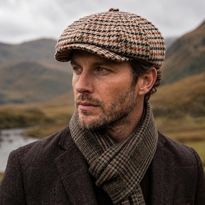 May include: A flat cap featuring a multi-colored houndstooth pattern in shades of brown, black, and rust orange. The cap has a structured crown and a short, stiff brim. It is paired with a dark brown textured blazer and a plaid scarf.