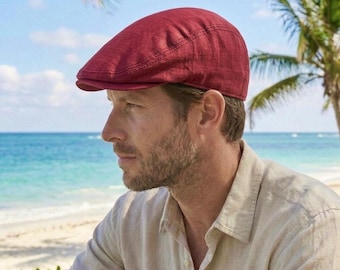 Burgundy Linen Flat Cap, Summer Newsboy Cap, Peaky Blinders Style, Sun Protection Hat, Baker Boy Hat, Irish Flat Cap, Summer Hat