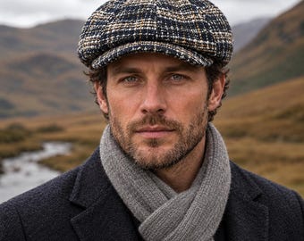 Blue Beige Plaid Wool Newsboy Cap,  8 Panel Cap, Baker Boy Hat, Vintage Gatsby Style, Hooligan Hat, Unisex Winter Hat, Gift for him