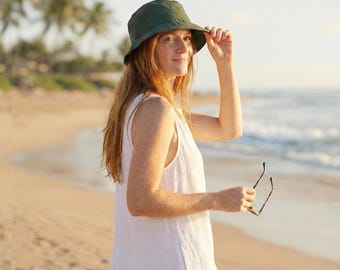 Green Linen Bucket Hat, Unisex Summer Cap, Women Beach Hat, Sun Protection Hat