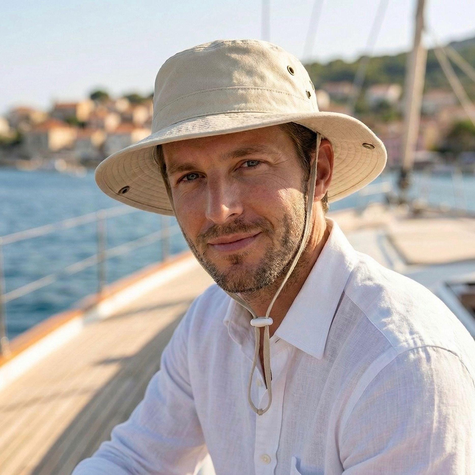 White Safari Hat, Sun Protection, Chin Strap, Fishing Hat, Camping