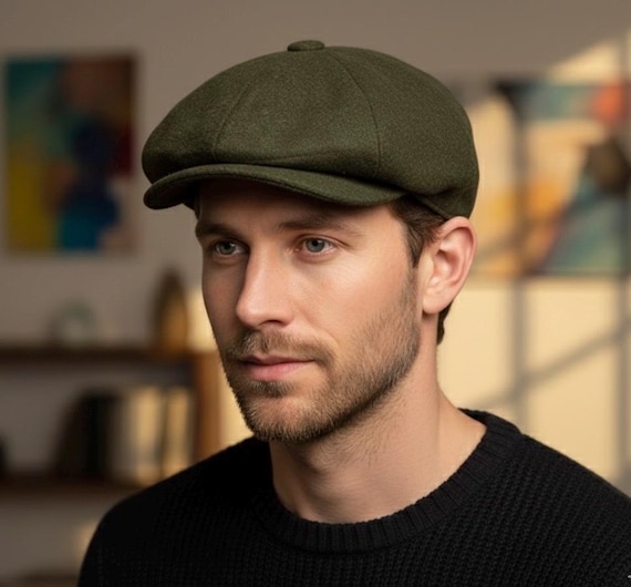 Green Wool Peaky Blinders Hat for Men, 8 Panel Bakerboy 