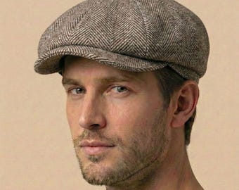 Gorra de vendedor de periódicos de 8 paneles con diseño de espiga en marrón y gris, hecha a mano, de lana, estilo Peaky Blinders, estilo vintage Gatsby, boina de invierno para hombre.