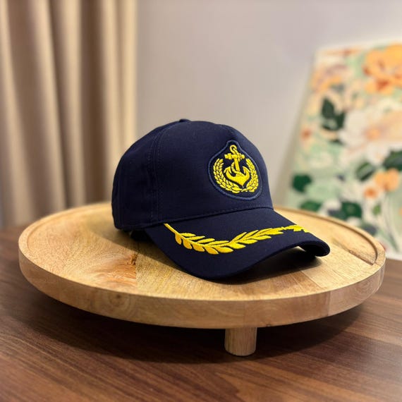 Navy Captain Baseball Cap With Gold Anchor Embroidery, Adjustable