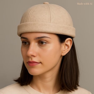 Beige Docker Hat for Men and Women, Soft Wool Brimless Skull Cap, Adjustable Minimal Beanie Hat, Lightweight Unisex Dock Worker Hat Gift