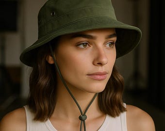 Green Safari Bucket Hat for Men and Women, Foldable Sun Protection Hat with Chin Strap, Lightweight Hiking Fishing Cap, Outdoor Travel Gift