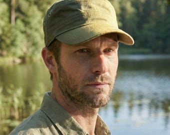 Linen Green Castro Cap, Unisex Military Style Hat, Handmade Summer Hat