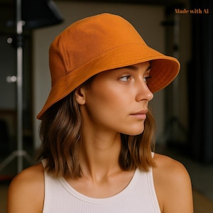 May include: An orange bucket hat. The hat is made of a textured fabric and has a wide brim. The text "Made with AI" is in the upper right corner. The hat is worn by a person wearing a white tank top.