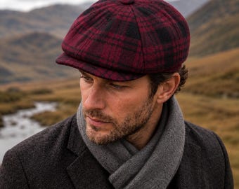 Burgundy Plaid Wool Newsboy Cap, Handmade 8 Panel Baker Boy Hat, Vintage Gatsby Style, Unisex Winter Hat, Irish Plaid Hat