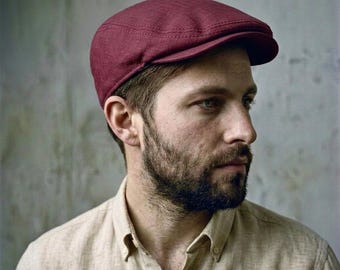 Handmade Burgundy Linen Flat Cap, Peaky Blinders Style Summer Hat