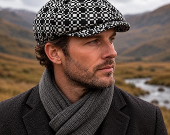 Black & Cream Geometric Cotton Newsboy Cap, Lined 8-Panel Crown, Structured Brim