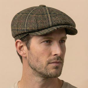 Brun tweed-tidningsboykeps, rutig bakarhatt i ull, Peaky Blinders-stil med 8 paneler Gatsby-keps, vintage herr vintergåva