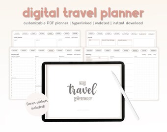 May include: A digital travel planner with a white background and gray text. The planner includes sections for packing lists, itineraries, outfit planning, and journaling. The text "my travel planner" is written in cursive on a tablet screen.