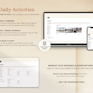 Op de afbeelding: Een digitale planner met een lichtbruine achtergrond en de tekst "Daily Activities" in donkerbruin lettertype. De planner bevat secties voor de dagelijkse route, het volledige reisschema en plaatsen om te bezoeken. De afbeelding toont ook een laptop en een smartphone met dezelfde planner geopend op het scherm. Het laptopscherm toont een voorbeeldroute met foto's van een stad.