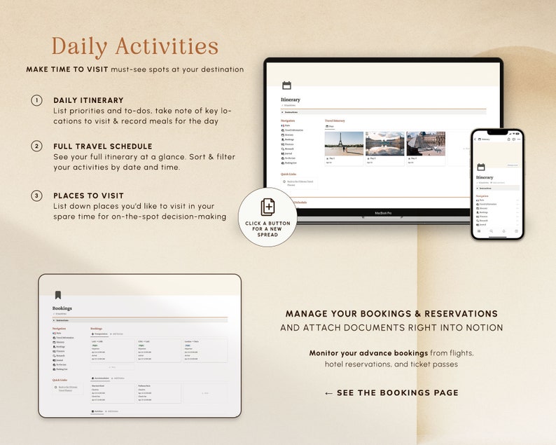Op de afbeelding: Een digitale planner met een lichtbruine achtergrond en de tekst "Daily Activities" in donkerbruin lettertype. De planner bevat secties voor de dagelijkse route, het volledige reisschema en plaatsen om te bezoeken. De afbeelding toont ook een laptop en een smartphone met dezelfde planner geopend op het scherm. Het laptopscherm toont een voorbeeldroute met foto's van een stad.