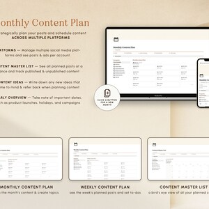 May include: A digital content calendar template for planning and scheduling social media posts. The template includes sections for monthly content, weekly content, and a content master list. The template is designed to help users plan their content across multiple platforms.