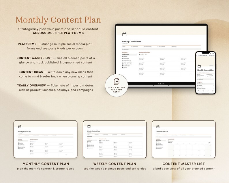May include: A digital content calendar template for planning and scheduling social media posts. The template includes sections for monthly content, weekly content, and a content master list. The template is designed to help users plan their content across multiple platforms.