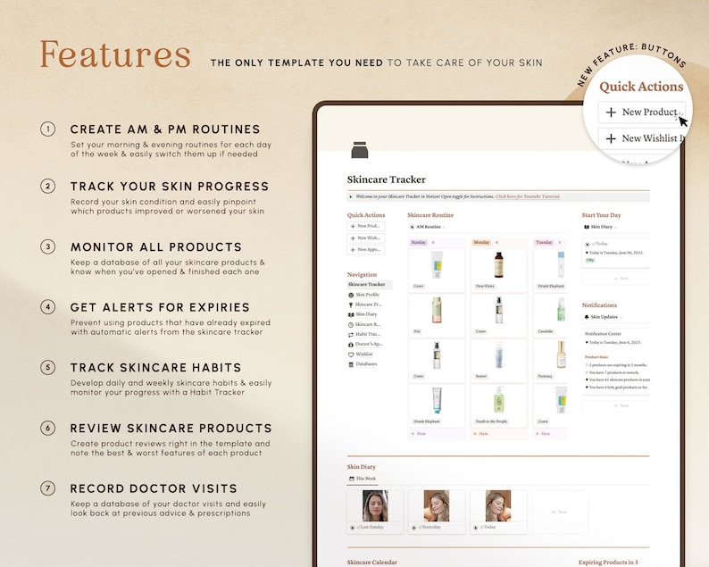 May include: A screenshot of a skincare tracker app with a list of features, including creating AM and PM routines, tracking skin progress, monitoring all products, getting alerts for expiries, tracking skincare habits, reviewing skincare products, and recording doctor visits. The app has a clean and modern design with a light brown background.