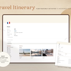 Op de afbeelding: Een screenshot van een website die een reisplanner voor een reis naar Parijs, Frankrijk, toont. De website heeft een zijmenu met navigatieopties en een hoofdbereik met een dagelijkse routebeschrijving voor elke dag van de reis. De routebeschrijving bevat foto's van bezienswaardigheden en activiteiten.