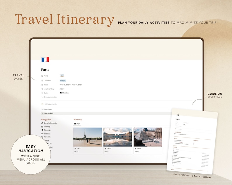 Op de afbeelding: Een screenshot van een website die een reisplanner voor een reis naar Parijs, Frankrijk, toont. De website heeft een zijmenu met navigatieopties en een hoofdbereik met een dagelijkse routebeschrijving voor elke dag van de reis. De routebeschrijving bevat foto's van bezienswaardigheden en activiteiten.