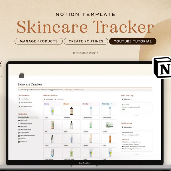 Notion Template Skincare Tracker, Notion Planner Beauty Tracker, Skincare Manager Notion, Skincare Routine Planner, Notion Skincare Template