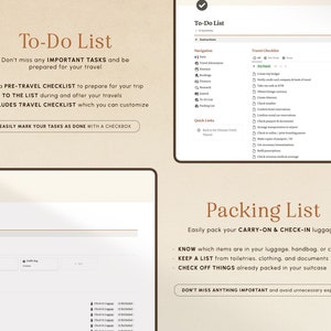 Op de afbeelding: Een digitale checklist voor reisplanning. De checklist bevat secties voor "To-Do List" en "Packing List". De sectie "To-Do List" bevat een pre-reischecklist, een reischecklist en snelle links. De sectie "Packing List" bevat een lijst met items om in te pakken voor handbagage en ingecheckte bagage.