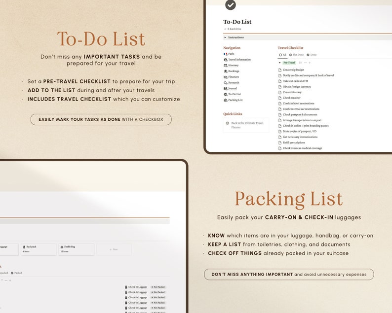 Op de afbeelding: Een digitale checklist voor reisplanning. De checklist bevat secties voor "To-Do List" en "Packing List". De sectie "To-Do List" bevat een pre-reischecklist, een reischecklist en snelle links. De sectie "Packing List" bevat een lijst met items om in te pakken voor handbagage en ingecheckte bagage.
