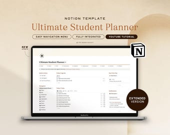 May include: A laptop computer displaying a Notion template for an Ultimate Student Planner. The template includes sections for quick actions, today's agenda, today's tasks, and notifications. The template is labeled as a new update and includes an extended version. The image also includes the Notion logo.
