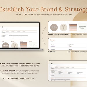 May include: A laptop screen displaying a worksheet for establishing a brand and strategy. The worksheet includes sections for brand identity, brand logos, colors and fonts, hashtags, and content strategy. The worksheet is designed to help businesses develop a cohesive brand identity and content strategy.
