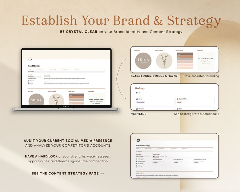 May include: A laptop screen displaying a worksheet for establishing a brand and strategy. The worksheet includes sections for brand identity, brand logos, colors and fonts, hashtags, and content strategy. The worksheet is designed to help businesses develop a cohesive brand identity and content strategy.