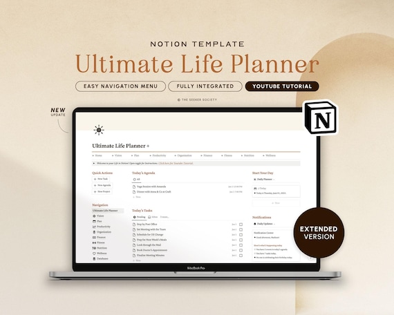 Notion Template Extended Life Planner All in One Template Notion Dashboard, Ultimate Notion Calendar ADHD Personal Planner Minimal Aesthetic